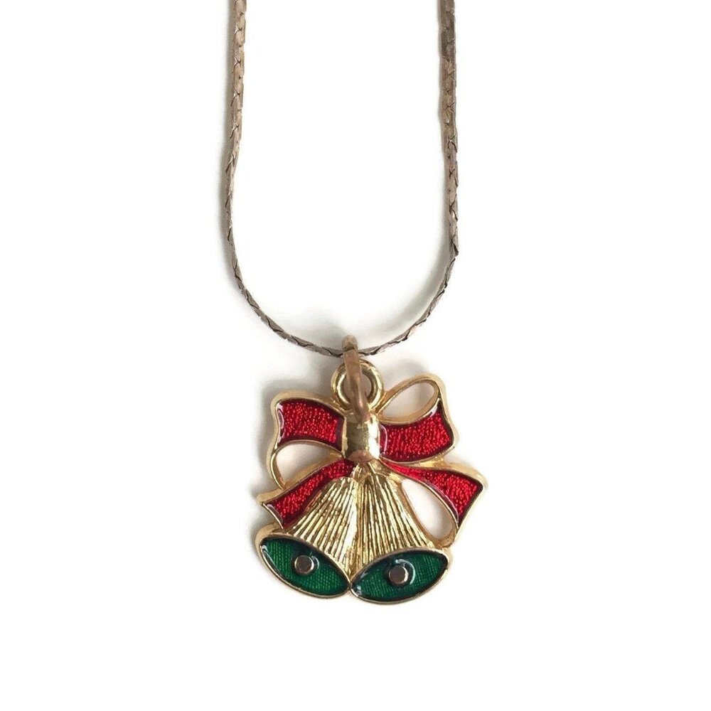 Vintage Christmas Bells Necklace Enameled 14K Gold Filled Pendant on Sterling Si